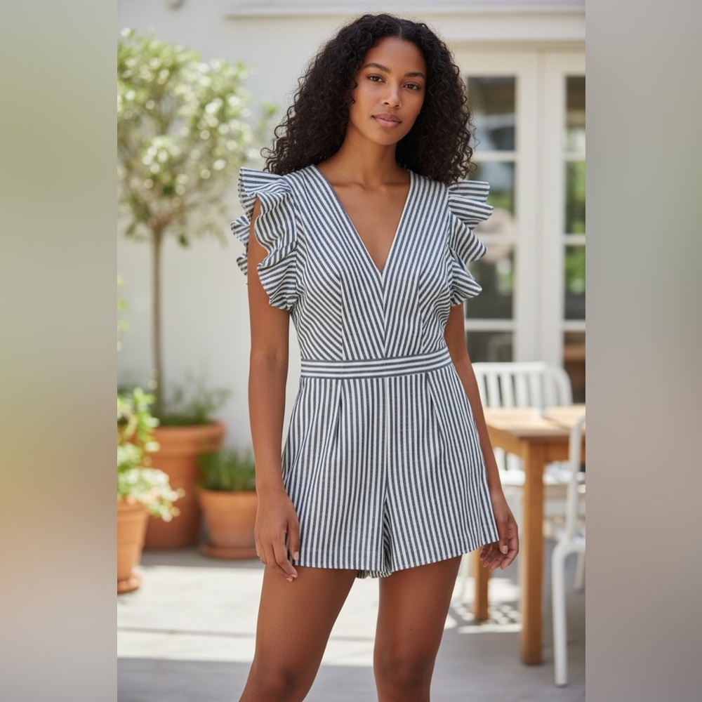 Navy & White Stripe Ruffle Romper – Coastal Preppy Chic size medium